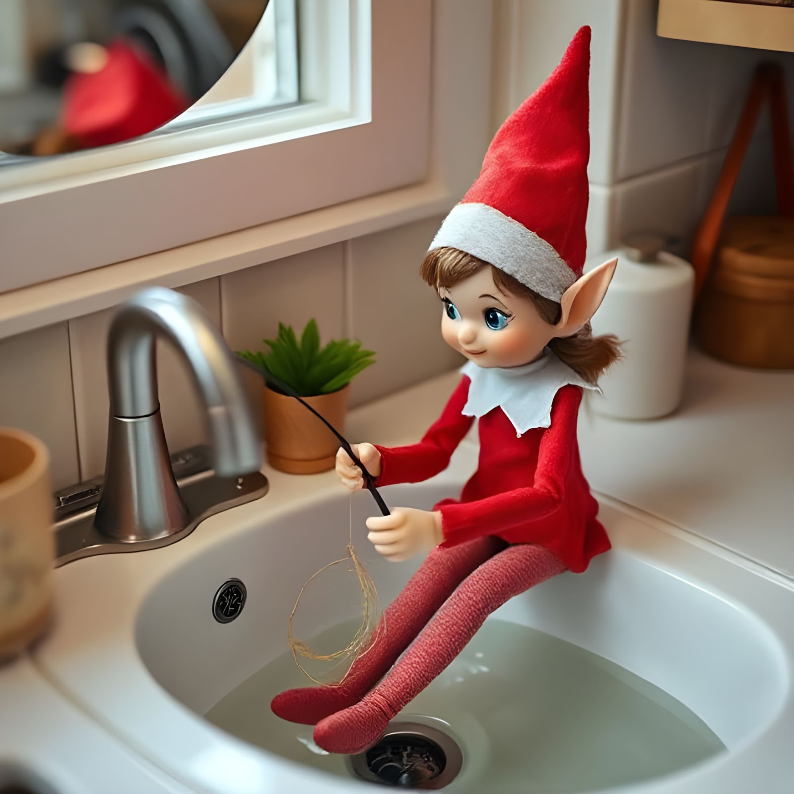 Elf Goes Fishing in the Sink-  ELF ON THE SHELF IDEAS 12