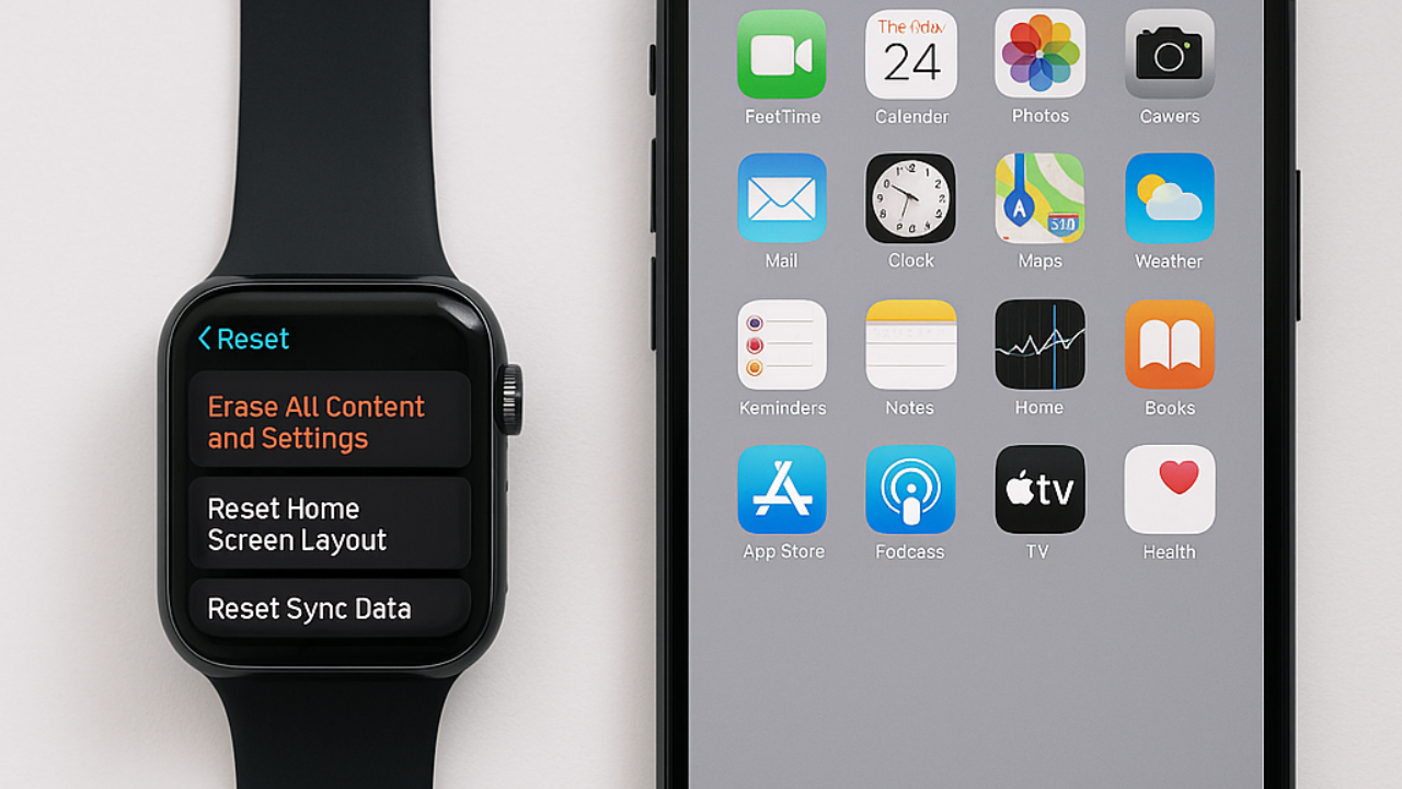 How to Reset Apple Watch – Factory reset screen on Apple Watch next to iPhone
