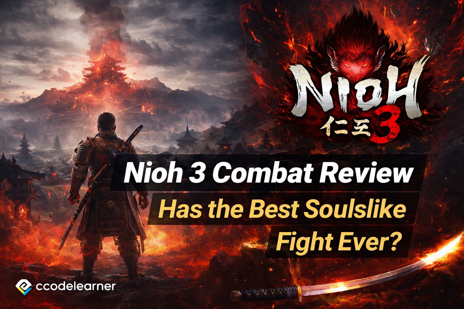 Nioh 3 Combat Review showing samurai and ninja combat gameplay with intense Soulslike action